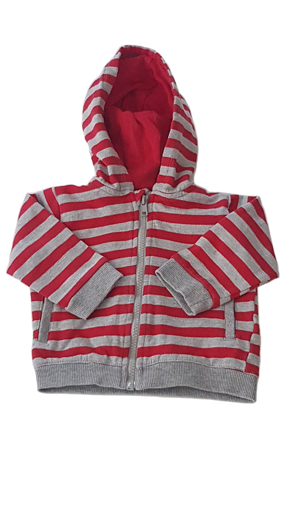 TISLAIA BASIC SZÜRKE-PIROS CSÍKOS KISFIÚ KAPUCNIS PULÓVER 74