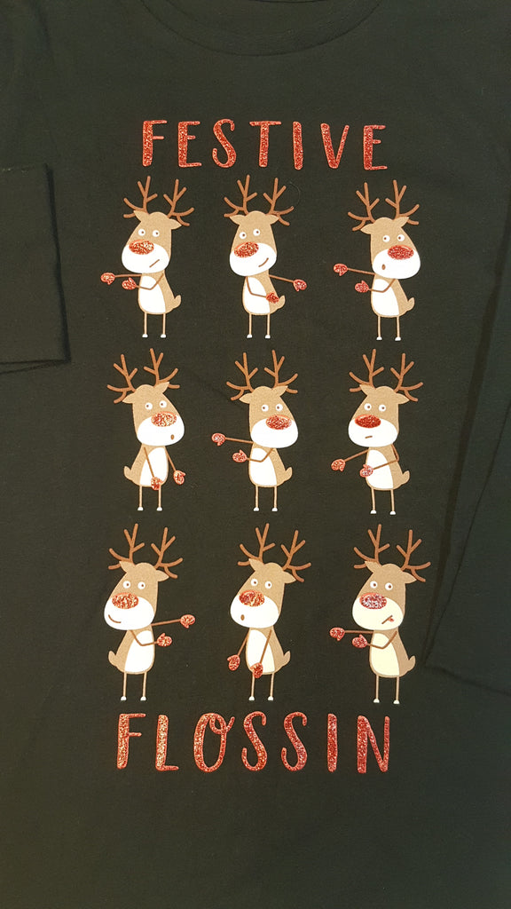 ÚJ FESTIVE FLOSSIN FELIRATOS, TRENDI,KARÁCSONYI,TÁNCOLÓ SZARVASOS,CSILLÁMPOROS HOSSZÚ UJJÚ UNISEX FELSŐ