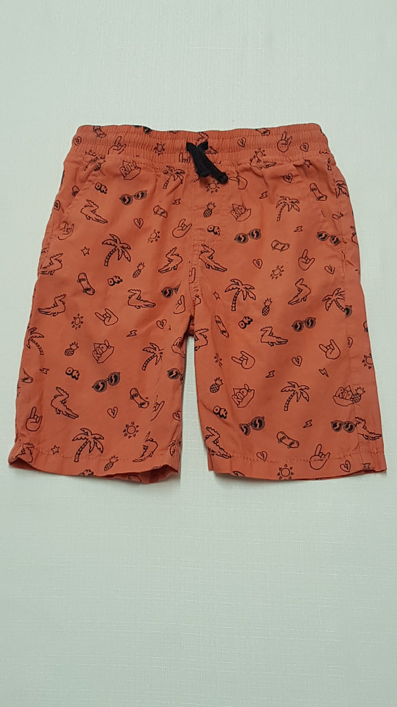 F&F KIDS GUMIS DEREKÚ,TÉGLA SZÍNŰ,VAGÁNY MINTÁS KISFIÚ BERMUDA NADRÁG 116