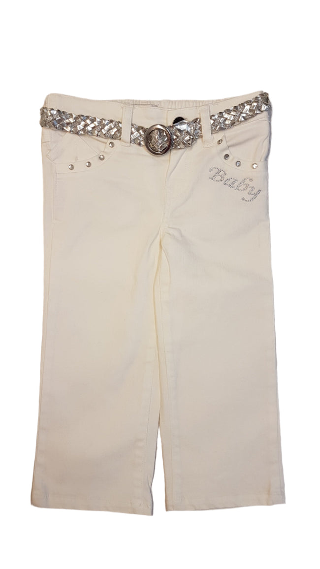 CIMKÉS KISLÁNY TRENDI FEHÉR FARMER NADRÁG, EZÜST ÖVVEL 86 Hover Image