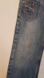 M&S TRENDI, DIVATOS, KOPTATOTT KISLÁNY FARMER NADRÁG SZÍNES CÉRNAMINTÁVAL DÍSZÍTVE