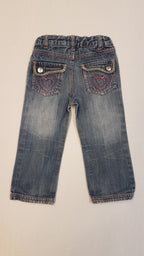 M&S TRENDI, DIVATOS, KOPTATOTT KISLÁNY FARMER NADRÁG SZÍNES CÉRNAMINTÁVAL DÍSZÍTVE