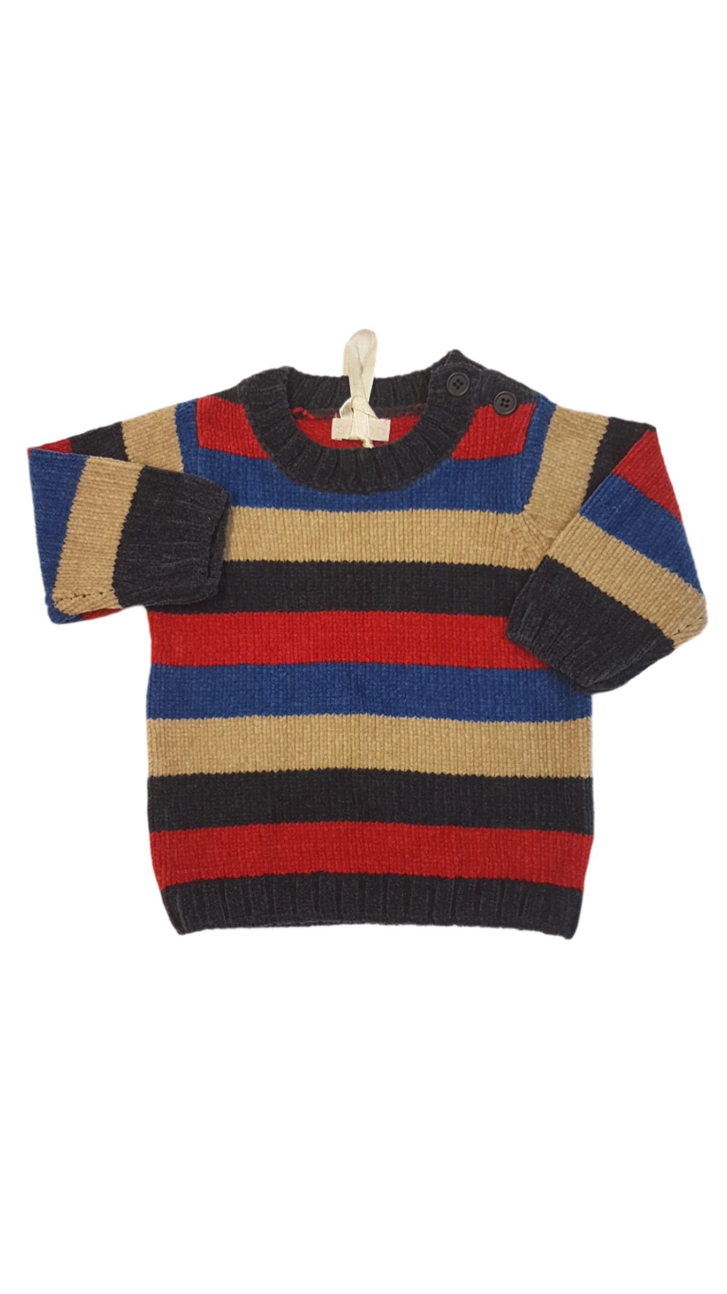 ÚJ BHS PUHA ZSENÍLA KÖTÖTT CSÍKOS GOMBOS NYAKÚ KISFIÚ PULÓVER 62