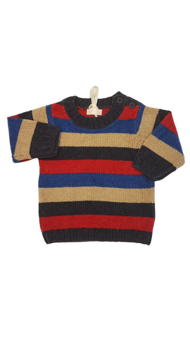 ÚJ BHS PUHA ZSENÍLA KÖTÖTT CSÍKOS GOMBOS NYAKÚ KISFIÚ PULÓVER 62 Hover Image