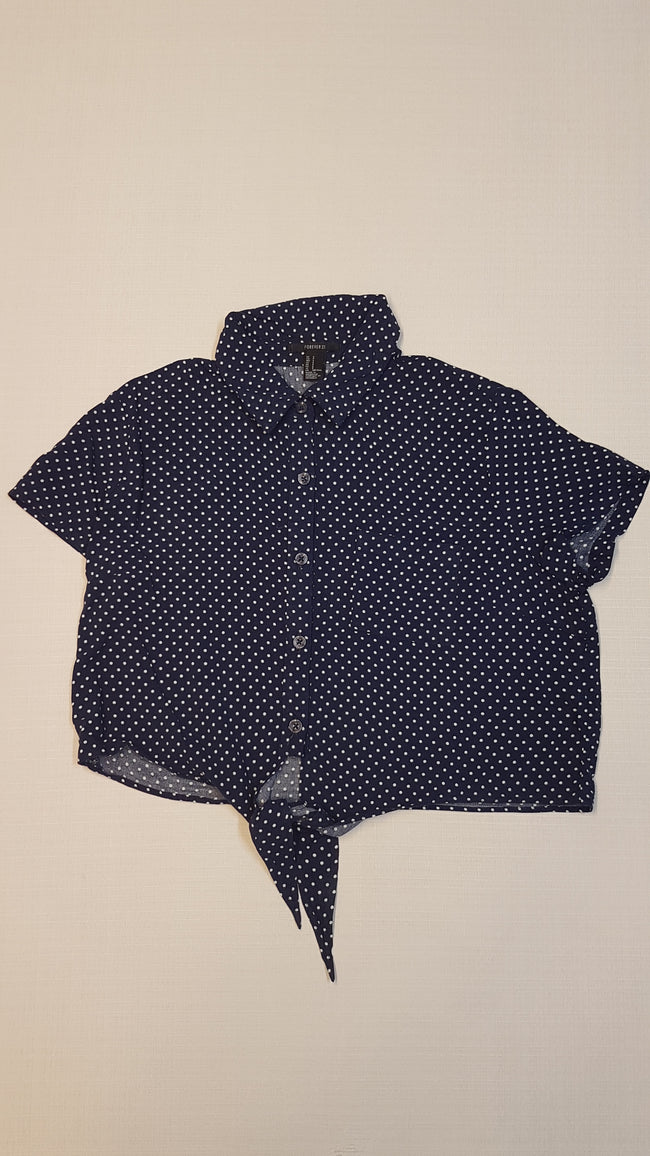 FOREVER 21 TRENDI DIVATOS SÖTÉTKÉK FEHÉR PÖTTYÖS KISLÁNY  KÖTŐS FELSŐ Hover Image