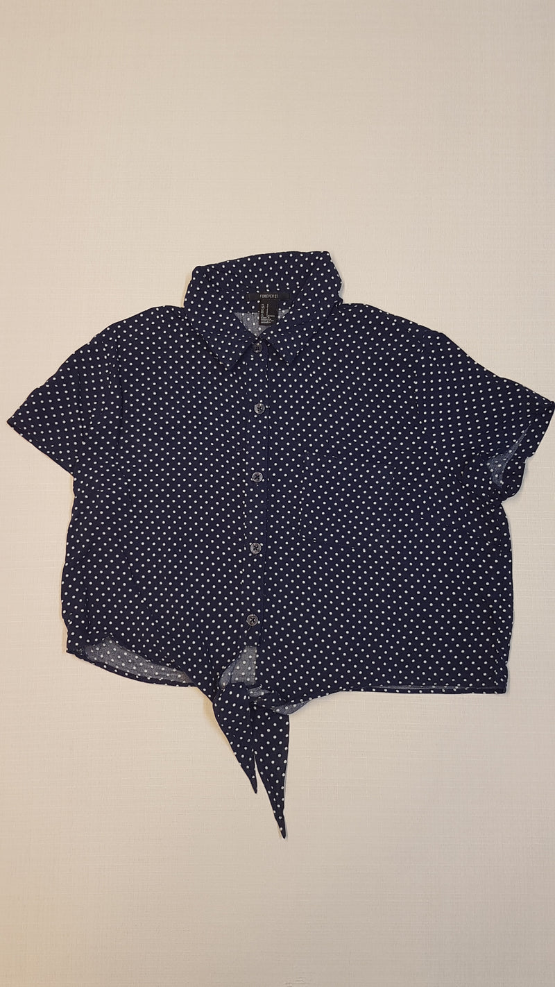 FOREVER 21 TRENDI DIVATOS SÖTÉTKÉK FEHÉR PÖTTYÖS KISLÁNY  KÖTŐS FELSŐ