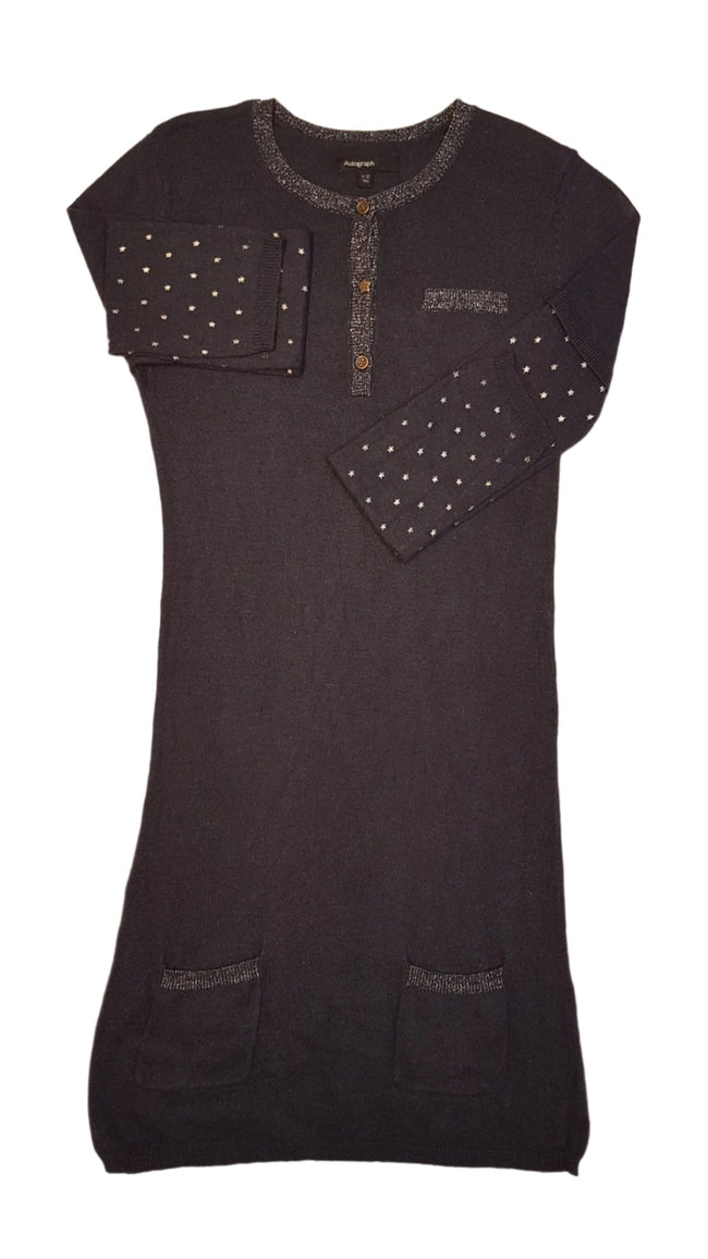 AUTOGRAPH SÖTÉTKÉK, KÉTOLDALT ZSEBES, APRÓ EZÜST CSILLAGMINTÁS ÉS SZÁLAS KISLÁNY VÉKONY KÖTÉSŰ TUNIKA RUHA Hover Image