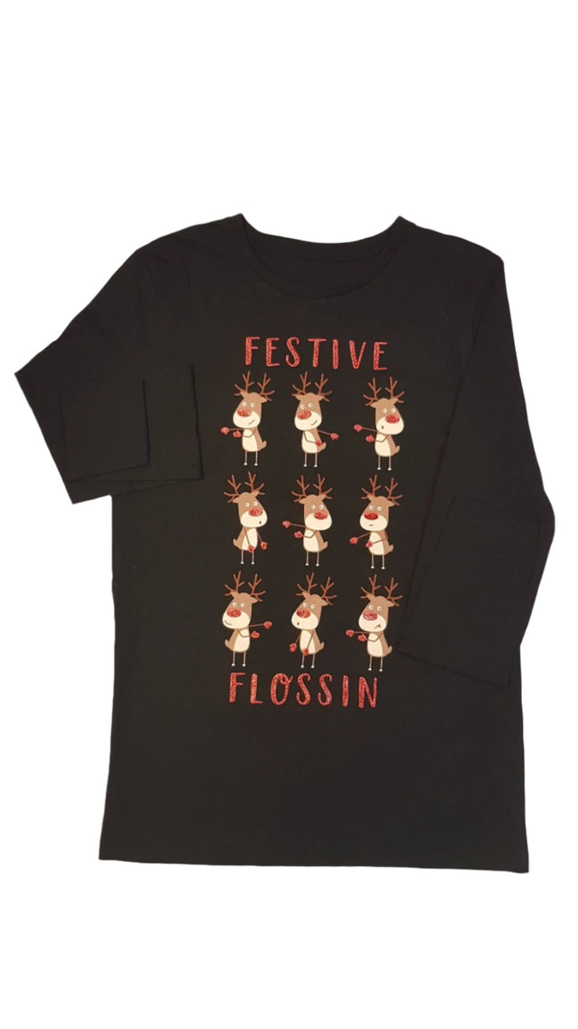 ÚJ FESTIVE FLOSSIN FELIRATOS, TRENDI,KARÁCSONYI,TÁNCOLÓ SZARVASOS,CSILLÁMPOROS HOSSZÚ UJJÚ UNISEX FELSŐ Hover Image