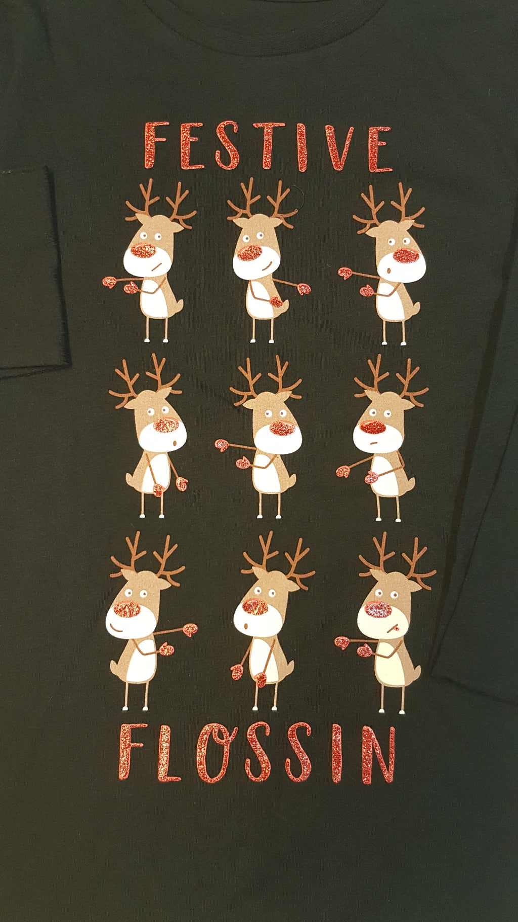 ÚJ FESTIVE FLOSSIN FELIRATOS, TRENDI,KARÁCSONYI,TÁNCOLÓ SZARVASOS,CSILLÁMPOROS HOSSZÚ UJJÚ UNISEX FELSŐ