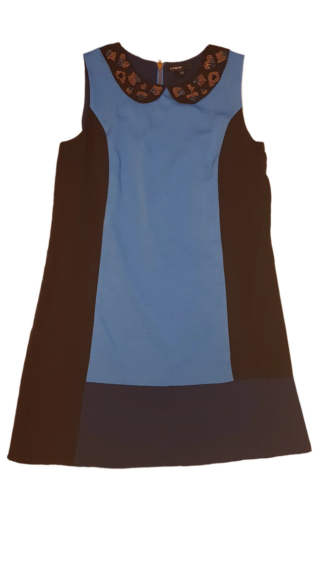 M&S AUTOGRAPH SÖTÉTKÉK-VILÁGOSKÉK ELEGÁNS KISLÁNY RUHA ,GYÖNGYÖS GALLÉR RÉSSZEL Hover Image