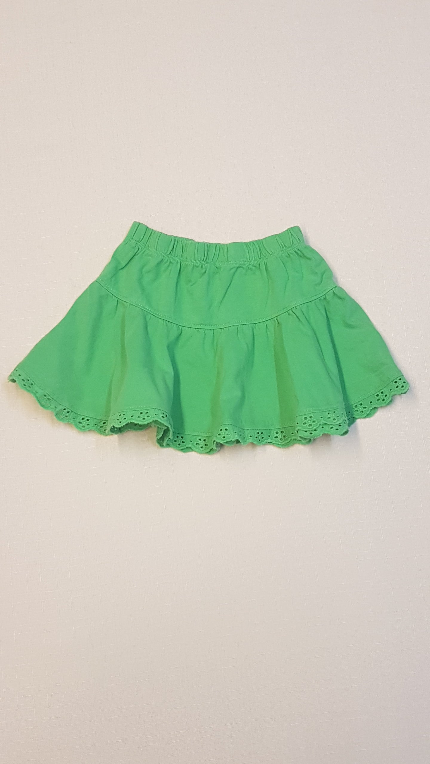 MOTHERCARE CSINI ZÖLD FODROS GUMIS DEREKÚ KISLÁNY SZOKNYA, CSIPKÉS AZ ALLJA 80