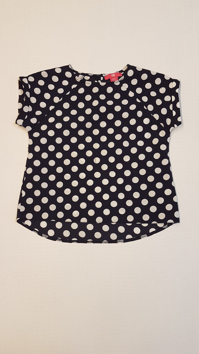 YOUNG DIMENSION SÖTÉTKÉK-FEHÉR PÖTTYÖS,KISLÁNY LENGE BLÚZ 134 Hover Image