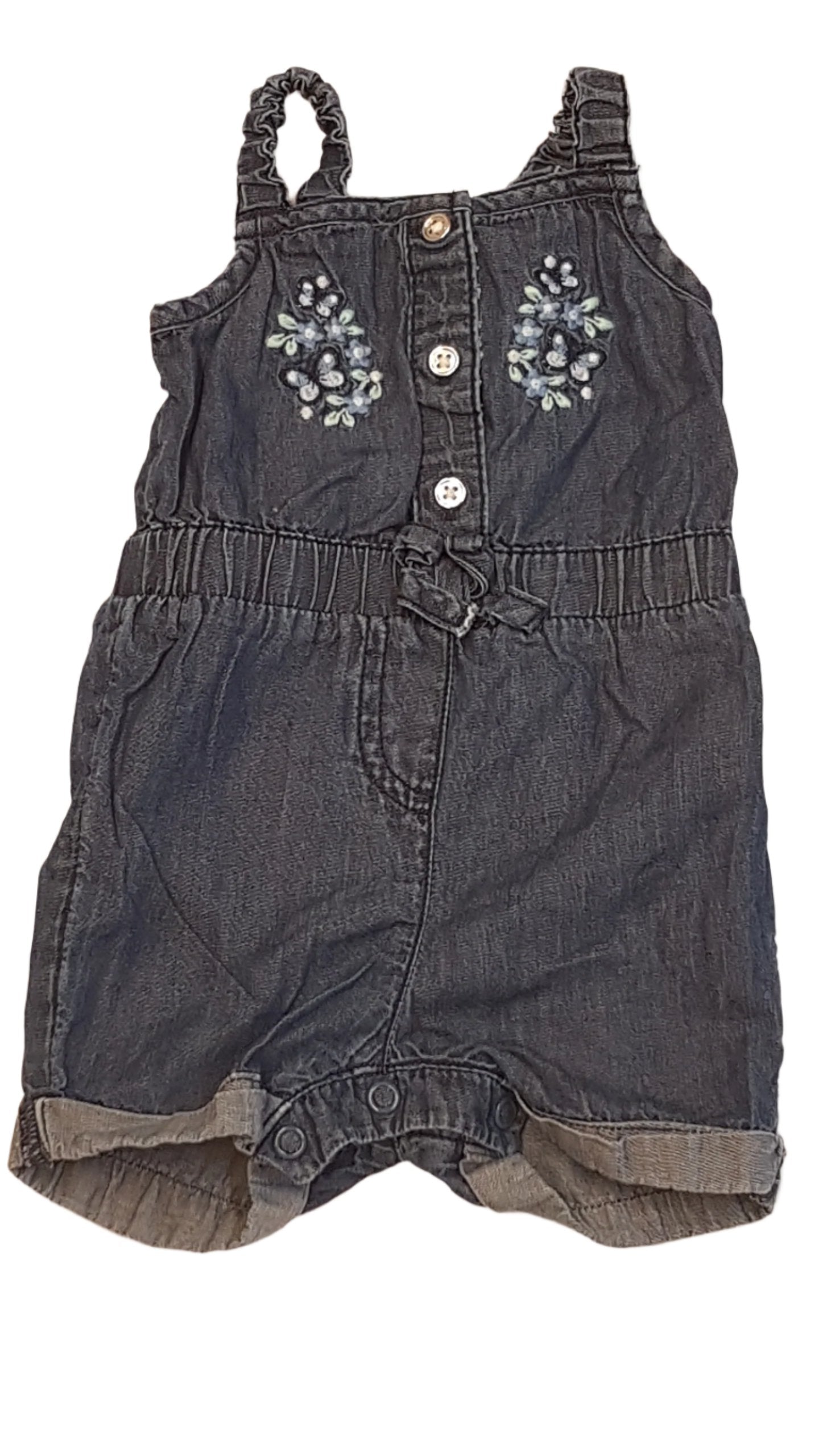 PRIMARK VÉKONY, FARMER HATÁSÚ KISLÁNY PLAYSUIT HÍMZETT VIRÁGOKKAL 62