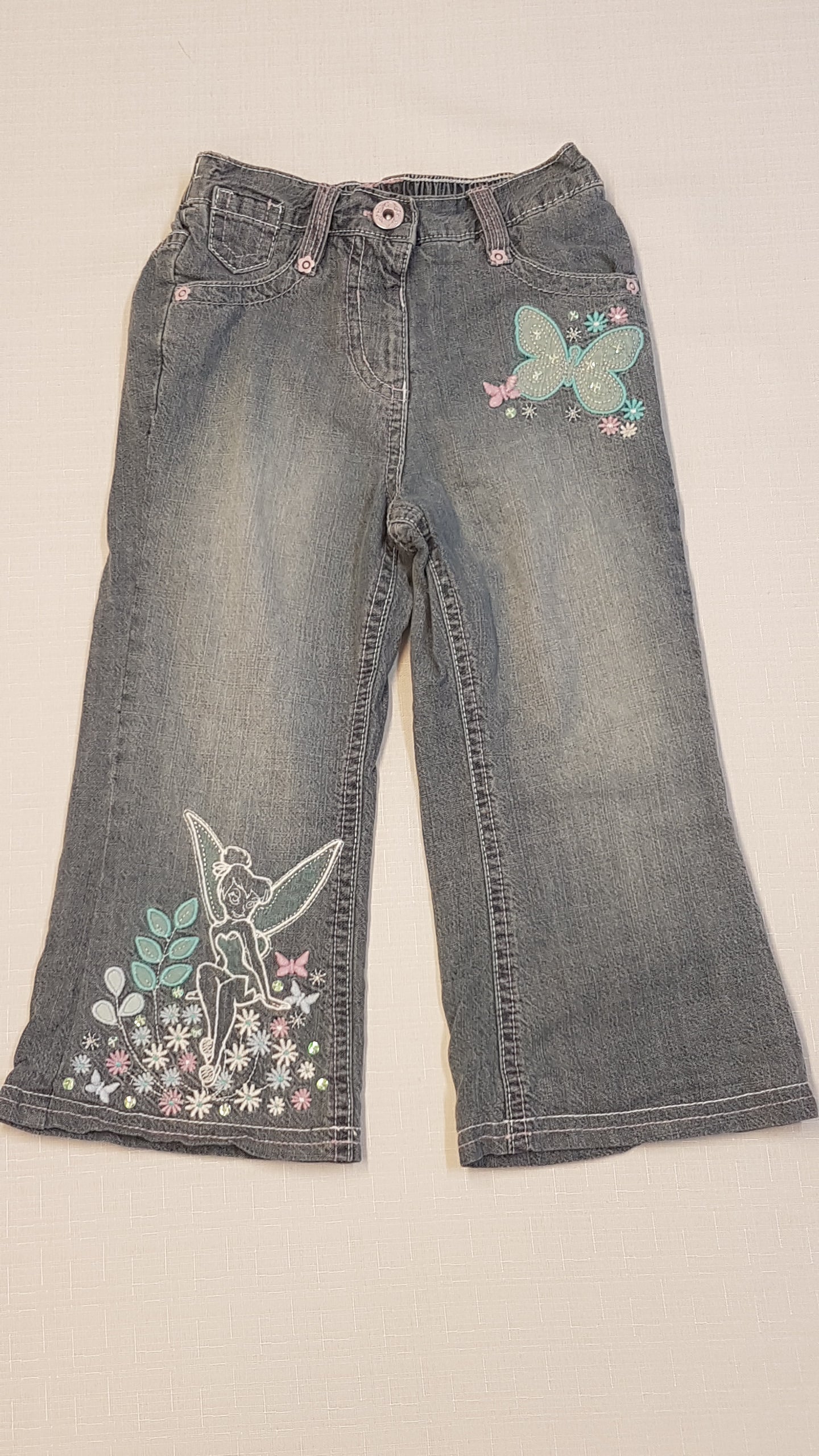 GEORGE DISNEY TINKER BELL KOPTATOTT,HÍMZETT,FLITTERES KISLÁNY FARMERNADRÁG,VÉKONY BÉLÉSSEL 92-98