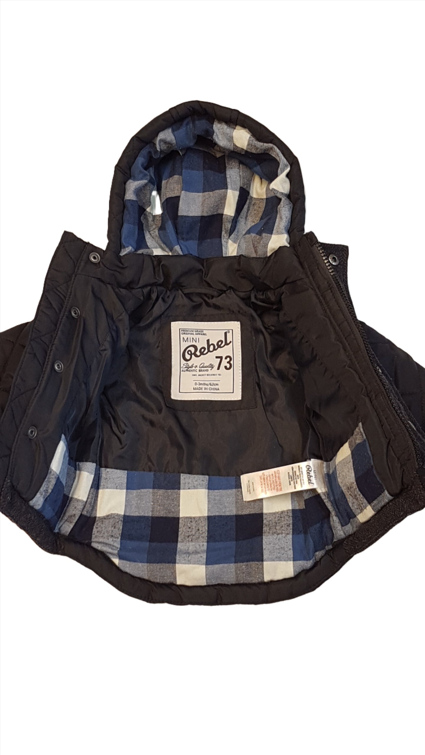 MINI REBEL SÖTÉTKÉK,ELEGÁNS,KAPUCNIS KISFIÚ TÉLIKABÁT 62