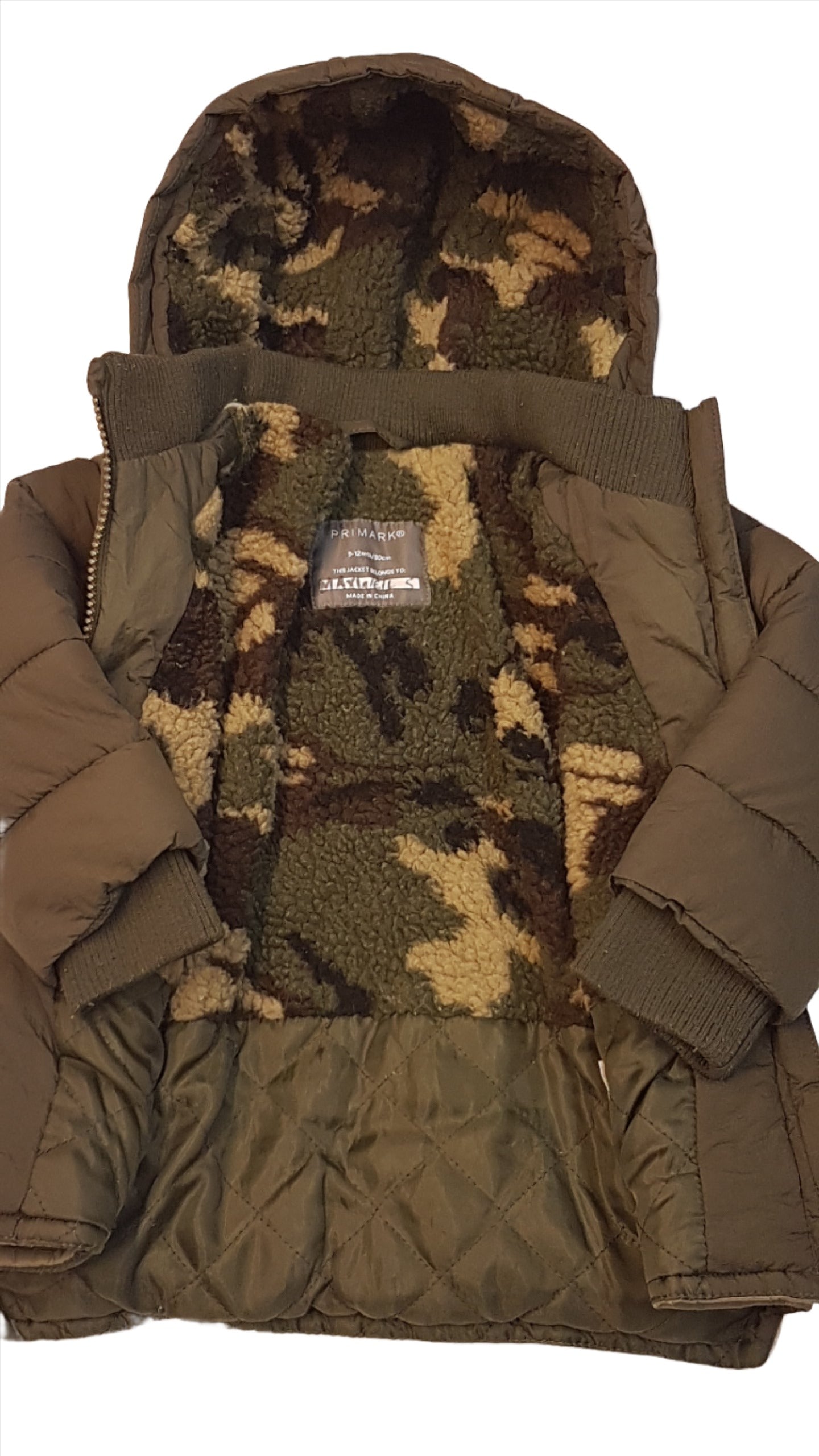 PRIMARK TRENDI,ÁLCAMINTÁS,OLIVAZÖLD KISFIÚ TÉLIKABÁT 80