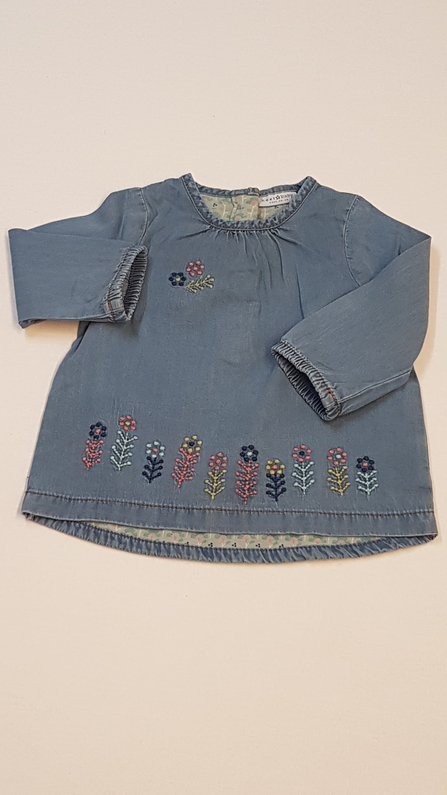 NEXT BABY SZÍNES,HÍMZETT VIRÁGOS,KISLÁNY PUHA FARMER TUNIKA FELSŐ 74