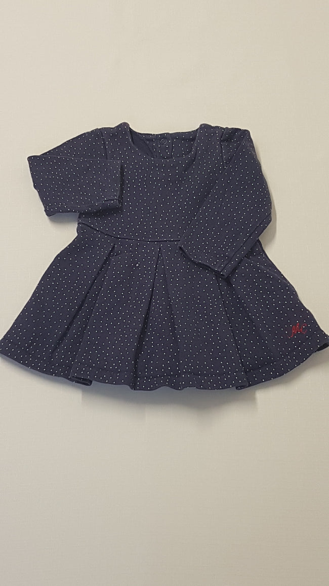 MOTHERCARE SÖTÉTKÉK,APRÓ PÖTTYÖS VASTAGABB KISLÁNY RUHÁCSKA 74 Hover Image