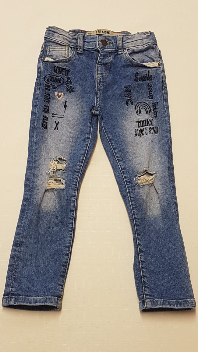 DENIM CO. HÍMZETT,FELIRATOS,KOPTATOTT,VAGÁNY KISLÁNY FARMERNADRÁG,ÁLLÍTHATÓ GUMIS DERÉKRÉSSZEL 110 Hover Image
