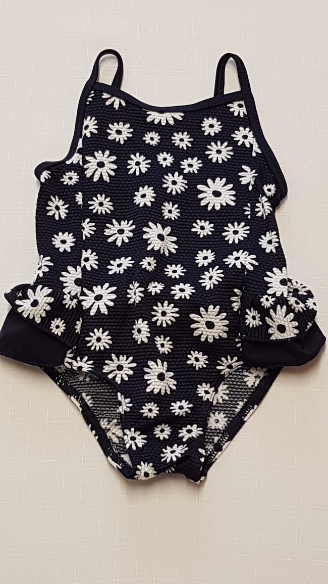 ÚJ MATALAN SÖTÉTKÉK-FEHÉR MARGARÉTA MINTÁS,FODROS KISLÁNY FÜRDŐRUCI 74 Hover Image