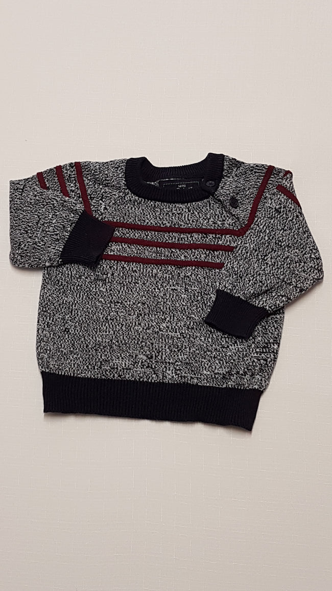 MINI REBEL BORDÓ CSÍKOS,VÁLLRÉSZNÉL GOMBOS,ELEGÁNS KISFIÚ PULÓVER 68 Hover Image