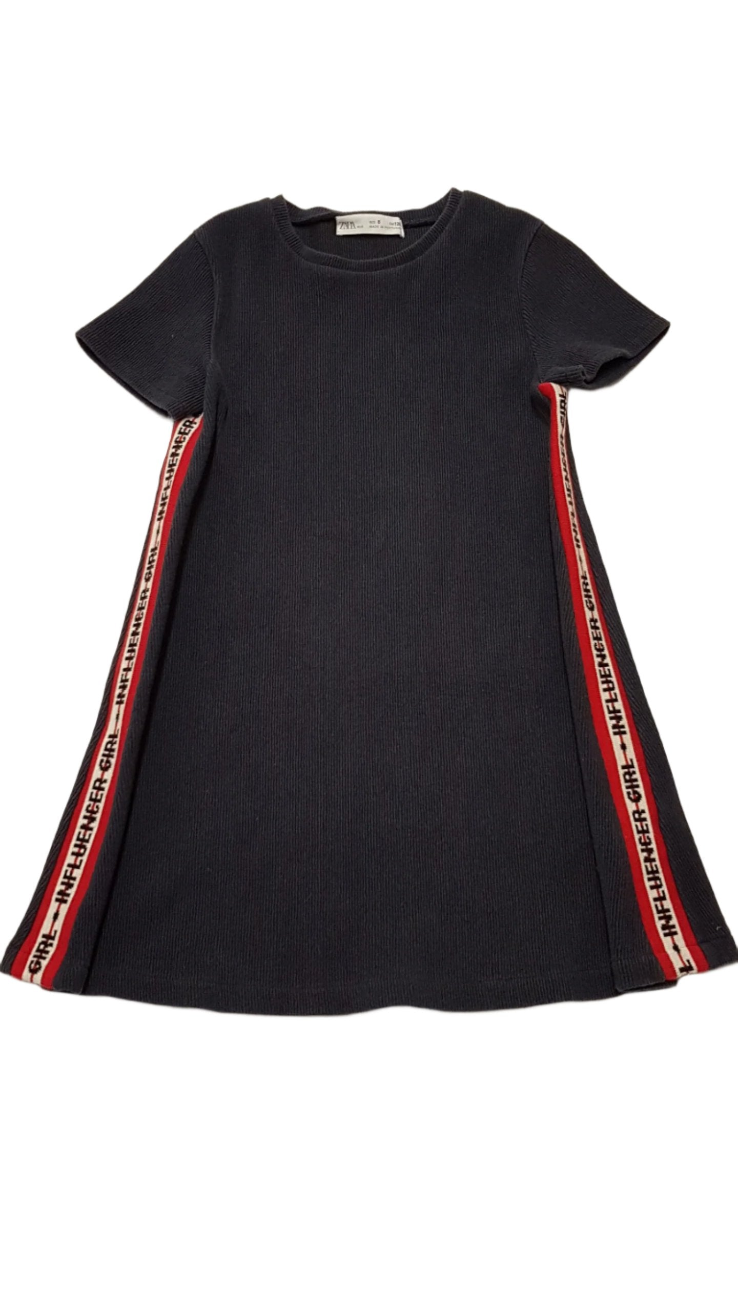 ZARA KIDS KÉTOLDALT CSÍKOS,FELIRATOS,SÖTÉTKÉK VASTAGABB ANYAGÚ KISLÁNY RUHA 128