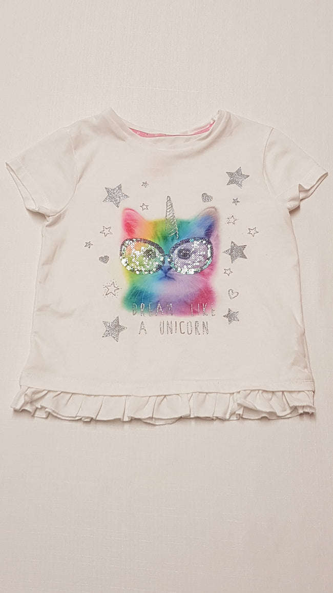F&F KIDS TÜNDÉRI,SZIVÁRVÁNY SZÍNŰ,UNICORN FEJŰ CICÁS,CSAJOS KISLÁNY PÓLÓ 104 Hover Image