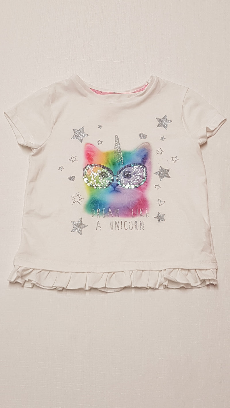 F&F KIDS TÜNDÉRI,SZIVÁRVÁNY SZÍNŰ,UNICORN FEJŰ CICÁS,CSAJOS KISLÁNY PÓLÓ 104
