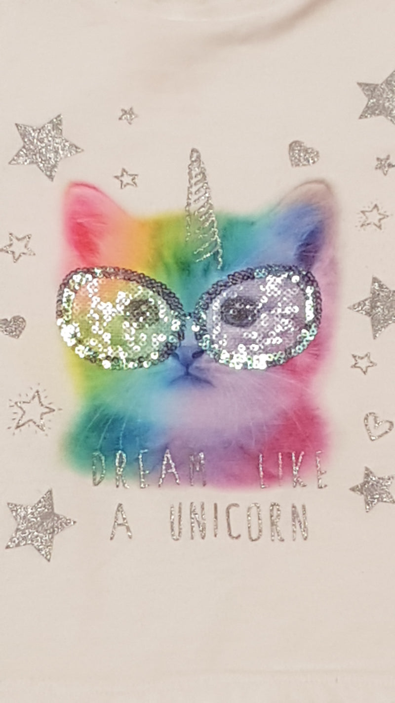 F&F KIDS TÜNDÉRI,SZIVÁRVÁNY SZÍNŰ,UNICORN FEJŰ CICÁS,CSAJOS KISLÁNY PÓLÓ 104