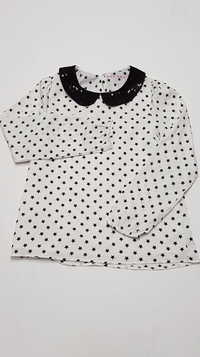 NUTMEG FEKETE KÖRGALLÉROS-FLITTERES,CSILLAGMINTÁS,KISLÁNY LENGE DIVAT BLÚZ 134-140 Hover Image