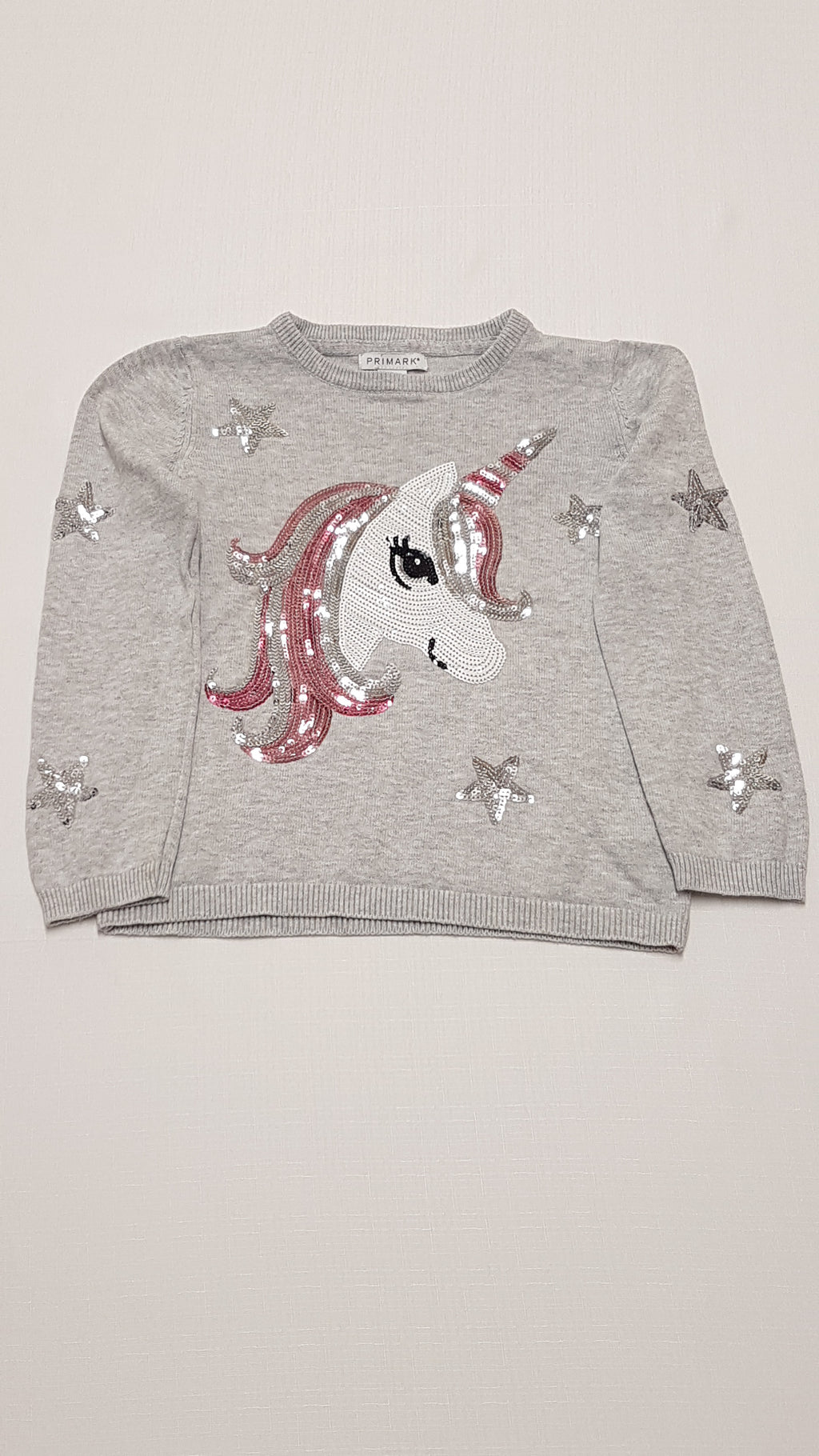 PRIMARK VÉKONY KÖTÉSŰ,UNICORNOS,FLITTERES KISLÁNY PULÓVER 116