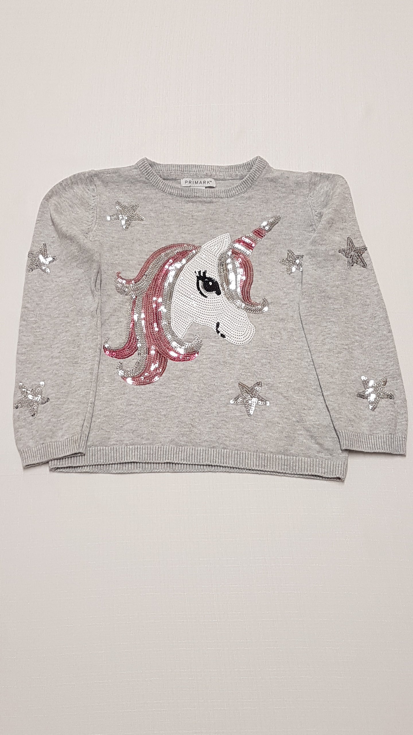 PRIMARK VÉKONY KÖTÉSŰ,UNICORNOS,FLITTERES KISLÁNY PULÓVER 116
