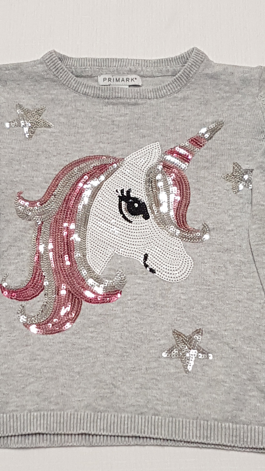 PRIMARK VÉKONY KÖTÉSŰ,UNICORNOS,FLITTERES KISLÁNY PULÓVER 116