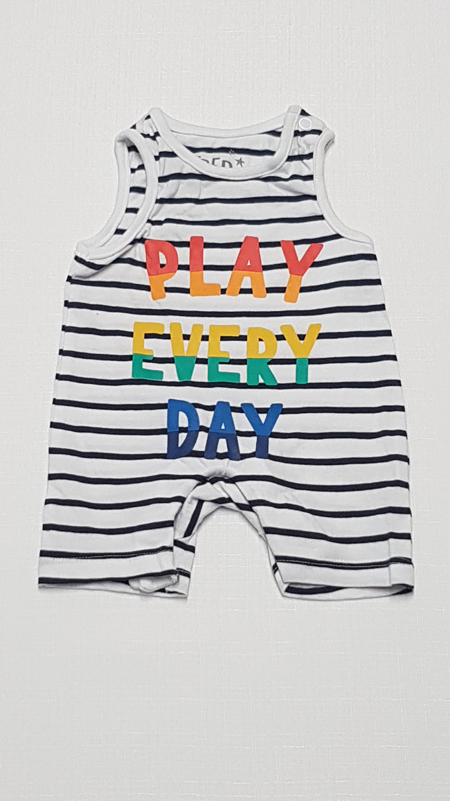 ÚJ F&F PLAY EVERY DAY CSÍKOS,FELIRATOS UNISEX PLAYSUIT 50 Hover Image