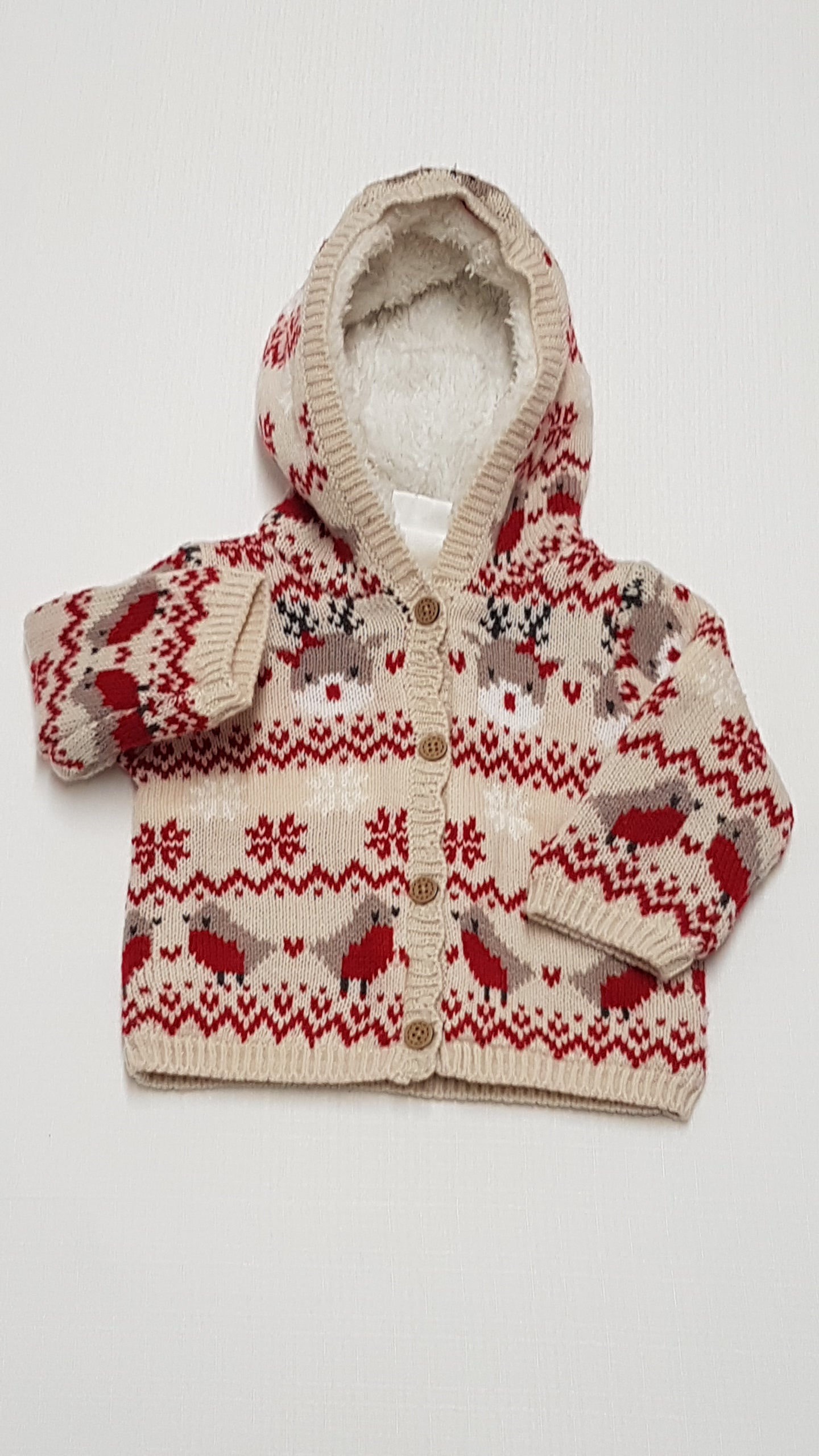 ÚJ F&F KIDS THERMÓ BÉLÉSES,KÖTÖTT,KAPUCNIS,MADÁRKÁS,SZARVASOS KISFIÚ KARDIGÁN 62